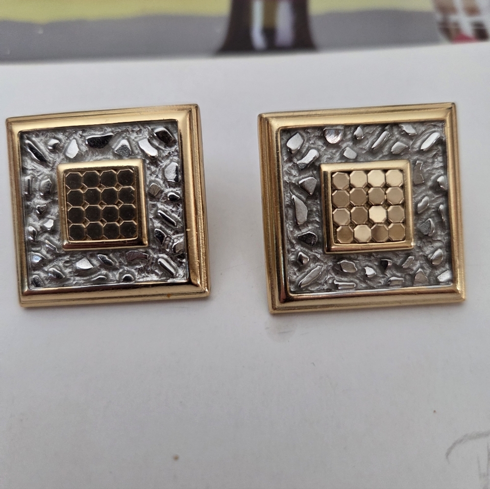 Whiting & Davis Vintage Gold and Silver Square Post Earrings